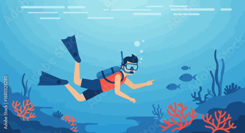Adventurous Diver Exploring The Oceanic Depths Amidst Marine Flora And Fauna