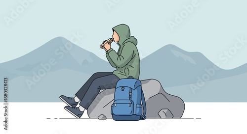 Adventurous Eater: A Person Savoring Food While Backpacking In The Mountains