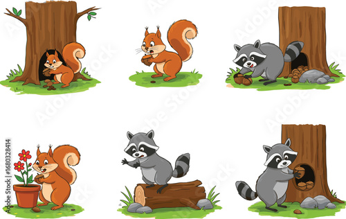 Cute cartoon squirrels and raccoons collecting acorns in forest, storing nuts in tree trunks, woodland animals in playful scenes.