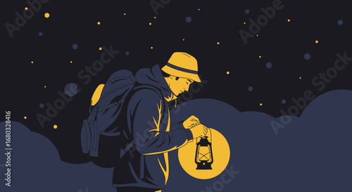 An illustration of a hiker holding a lantern under a starry night sky