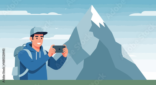 An illustration of a hiker taking a photo of a majestic snow-capped mountain range