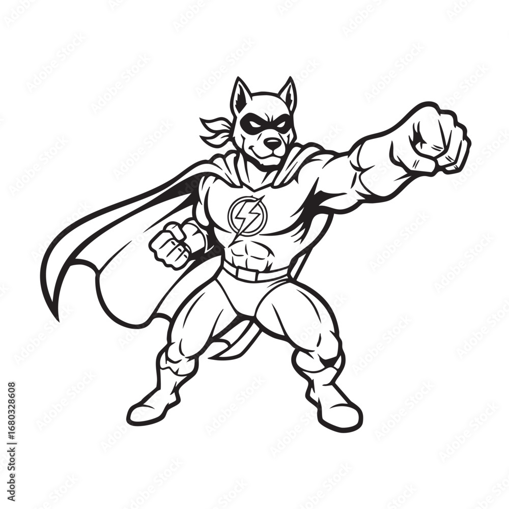Fototapeta premium A cartoon dog superhero with a cape and lightning bolt symbol isolated on white background