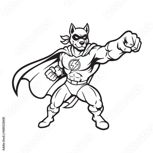 A cartoon dog superhero with a cape and lightning bolt symbol isolated on white background