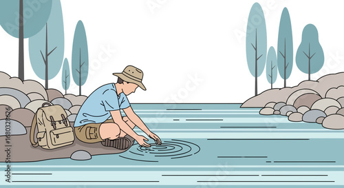 Adventurous Explorer Interacting Smoothly With Water While Surrounded By Nature's Beauty