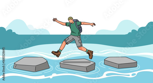 Adventurous Explorer Leaps Across Stone Path Over Tranquil Water Towards Journey's End
