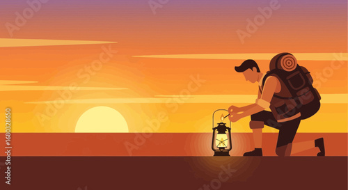 Adventurous Explorer Lighting Lantern Amidst Sunset, Preparing For The Night Ahead