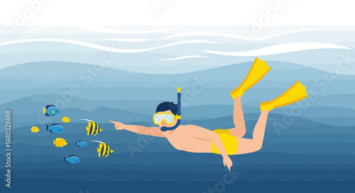An illustration of a person scuba diving and observing fishes in ocean life