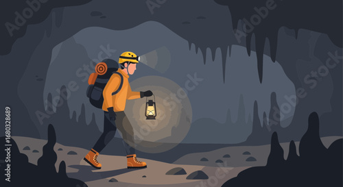 Adventurous Explorer Navigates Dark Caverns with Lantern and Protective Gear