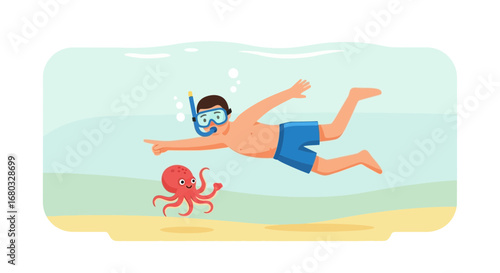 An illustration of a person snorkeling and pointing towards an octopus underwater