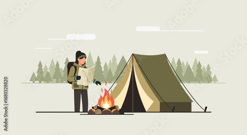 Adventurous Explorer Reviewing Map Beside a Cozy Campfire and Tent During a Winter Camping Trip