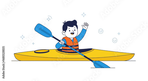 An Illustration of a Smiling Boy Kayaking on a Lake Enjoying Outdoor Recreation