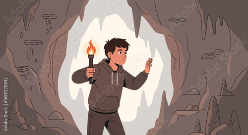 Adventurous Explorer Using Torch to Discover Hidden Secrets in a Cave's Entrance