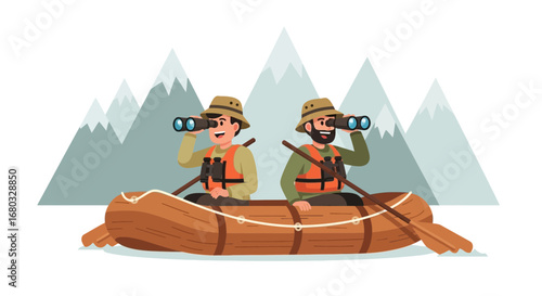 Adventurous Explorers In Boat Seeking Adventure During Mountainous Journey