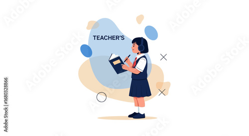 An illustration of a student studying with headphones and a book, Teacher's