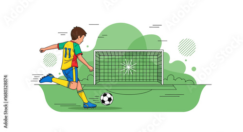 An illustration of a soccer player kicking the ball towards the goal to score victory
