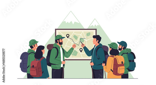 Adventurous Explorers Planning A Trail On A Detailed Map For An Expedition Adventure