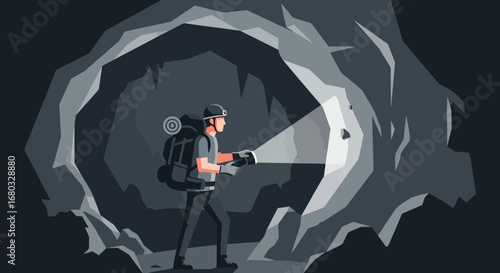 Adventurous Explorer With Flashlight Illuminating Journey Within a Limestone Cavern