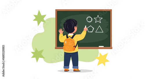 An illustration of a student drawing shapes on a chalkboard during a lesson in school