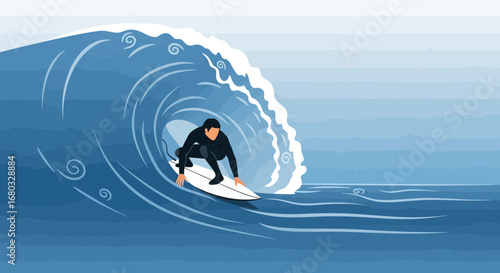 An illustration of a surfer riding a large wave in a stylized ocean, surfing concept
