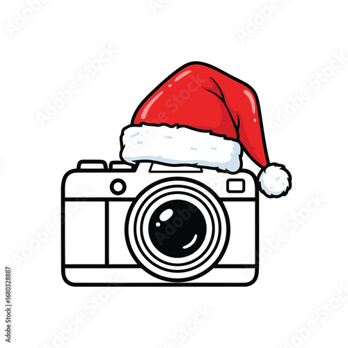 Vector art of simple line drawing of a camera with a santa hat on top