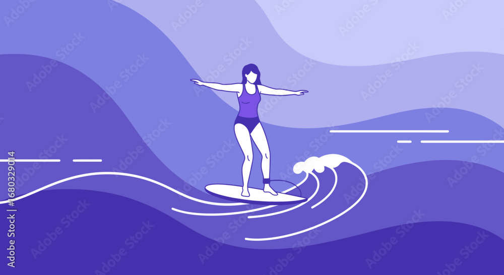 Fototapeta premium An illustration of a woman surfing on a wave in minimalist style graphic art