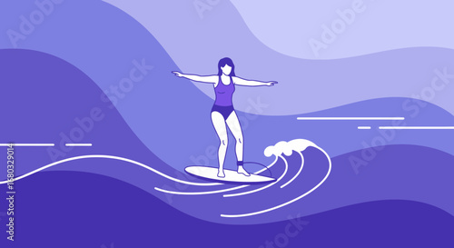 An illustration of a woman surfing on a wave in minimalist style graphic art