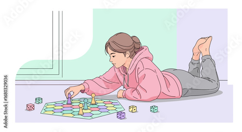 An illustration of a woman playing a board game on the floor in a cozy room peacefully