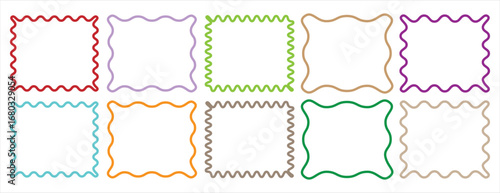 Square frames with wiggly borders. scallop edge shapes. Rectangular jagged curved box element. Set or rectangular shapes with squiggly borders. 