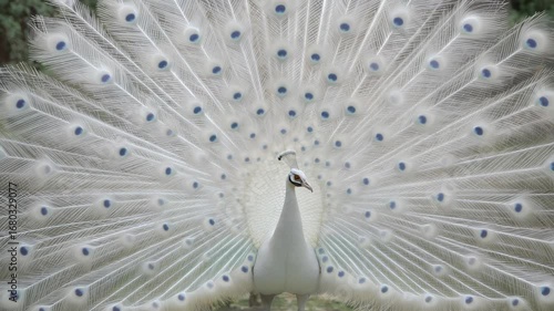 A stunning albino peacock displaying its magnificent white feathers in full detail, showcasing its beauty.