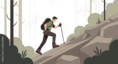Adventurous Hiker Ascending Mountain Slope Depicted in Minimalist, Vector Style