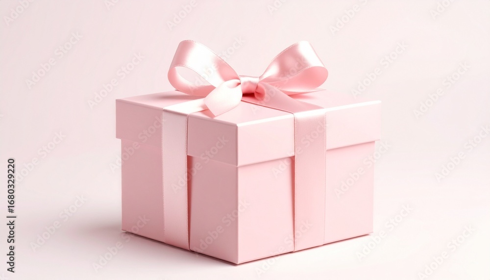 Obraz premium Pink gift box with glossy ribbon bow on a soft pink background