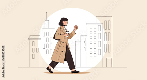 An illustration woman walking in the city with a coffee and a donut going to work or home