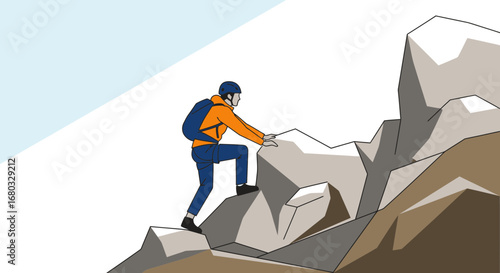 An illustrative image of a rock climber with safety gear scaling a steep rocky terrain