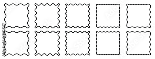 Square frames with wiggly borders. scallop edge shapes. Rectangular jagged curved box element. Set or rectangular shapes with squiggly borders.