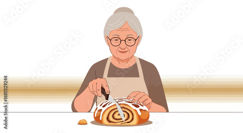 An older woman cutting fresh bread on a table while wearing an apron vector art