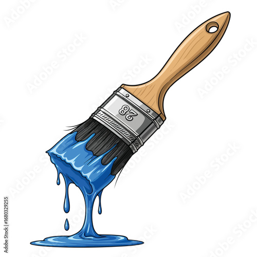Vector art of a paintbrush with blue paint dripping from its bristles and onto a surface