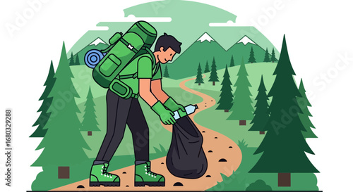 An Outdoorsman Doing His Part Cleaning Up Trash in a Forest Clearing Trail Path