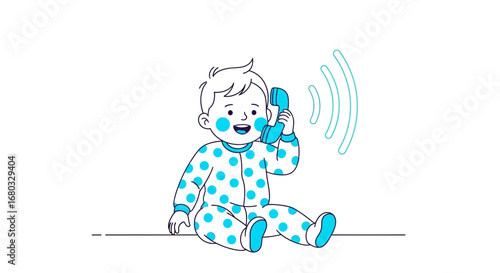 Animated Baby Communicates With A Telephone, Cute Illustration With White Background
