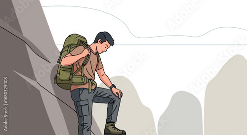Adventurous Hiker Climbing a Mountain with Backpack Ready for Hiking Expedition