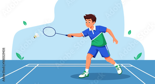Animated Badminton Player Actively Hitting Shuttlecock During a Competitive Match