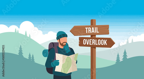 Adventurous Hiker Consults Map at a Trail Junction in the Natural Landscape and Mountains