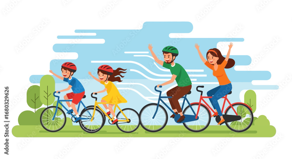 Fototapeta premium Animated Cycling Family Enjoys Scenic Route Under A Clear Sky On Sunny Days