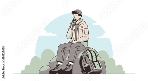 Adventurous Hiker Enjoying A Snack While Sojourning In Nature On A Beautiful Day