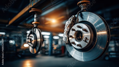 Wallpaper Mural Close-Up View of Industrial Disc Brake Components in a Modern Garage Setting Torontodigital.ca