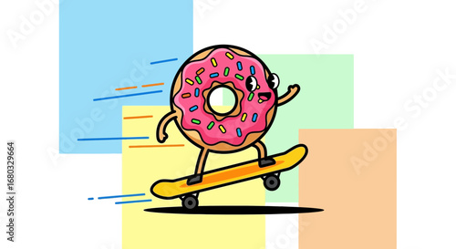 Animated Donut Character Enjoying Skateboard Ride Against Colorful Background