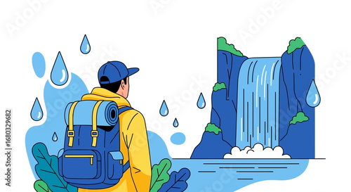 Adventurous Hiker Enjoying Waterfall View in Rainy Weather with Detailed Graphic