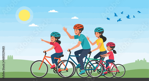 Animated Family Cycling Adventure Under a Bright Sky, A Sunny Day Fun Journey