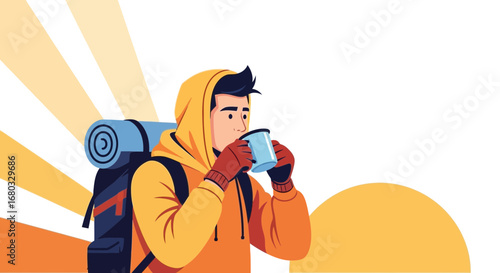 Adventurous Hiker Enjoys a Warm Drink During Sunrise Outside in Nature