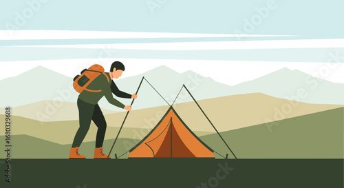 Adventurous Hiker Erecting Tent in Picturesque Mountain Range during a Sunny Day