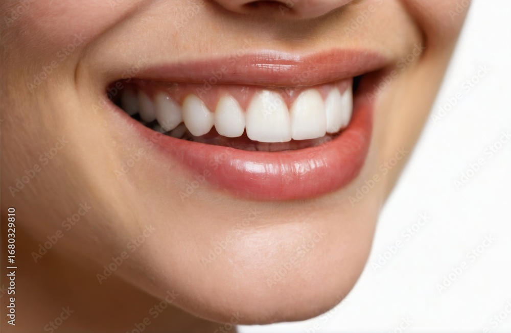 Obraz premium Happiness and Relaxation: CloseUp of Woman's Smiling Mouth with White, WellGroomed Teeth in a Blurred Background